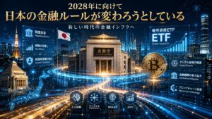 2028年に向けて変わる日本の金融ルールと暗号資産ETFを表現したイメージ。金融庁の制度改革、ビットコイン、デジタル金融、金融機関参入による暗号資産市場の変化を象徴している。