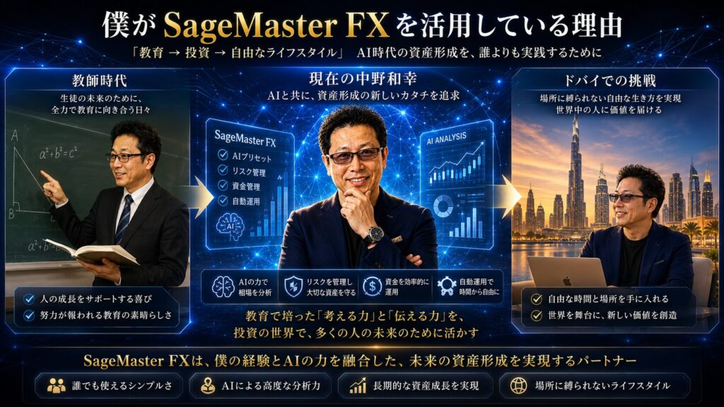 中野和幸がSageMaster FXを活用する理由を表現したイメージ画像。元中学校教師からAI時代の資産形成実践者へ転身し、AIトレード、資金管理、リスク管理を活用しながらドバイを拠点に活動する歩みを表現したビジュアル。