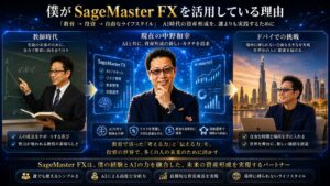 中野和幸がSageMaster FXを活用する理由を表現したイメージ画像。元中学校教師からAI時代の資産形成実践者へ転身し、AIトレード、資金管理、リスク管理を活用しながらドバイを拠点に活動する歩みを表現したビジュアル。