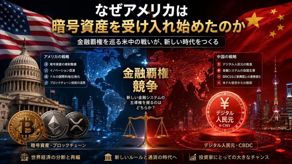 アメリカと中国の金融覇権競争を表現した画像。デジタル人民元と暗号資産政策の背景を解説。