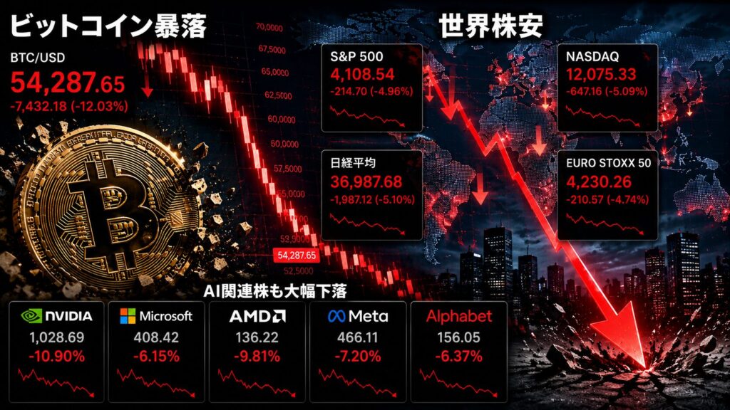 ビットコインとAI関連株が同時下落した市場の様子