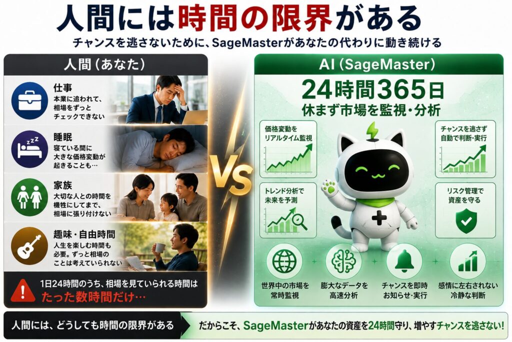 人間とAIによる市場監視の違いを表現したイメージ。SageMaster（セージマスター）のAIが24時間365日暗号資産市場を監視・分析し、人間の時間的な限界を補う仕組みを象徴している。