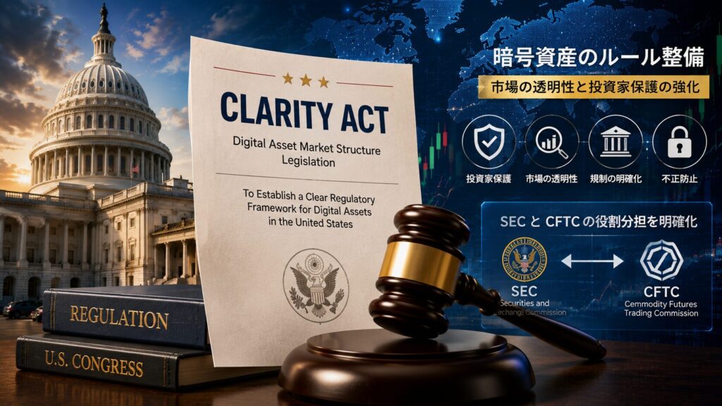 CLARITY法案とは何かを解説する画像。アメリカ議会と法案文書、暗号資産規制のルール整備を表現。