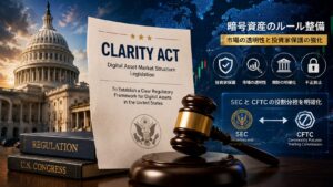 CLARITY法案とは何かを解説する画像。アメリカ議会と法案文書、暗号資産規制のルール整備を表現。