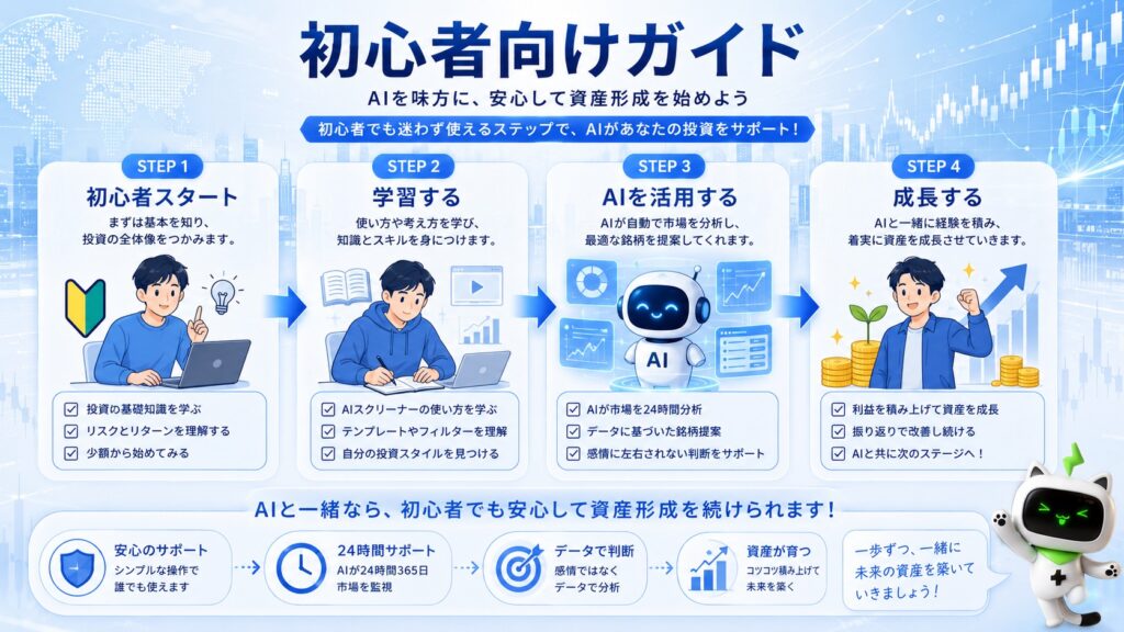 初心者がAIスクリーナーを学びながら成長していくイメージ。