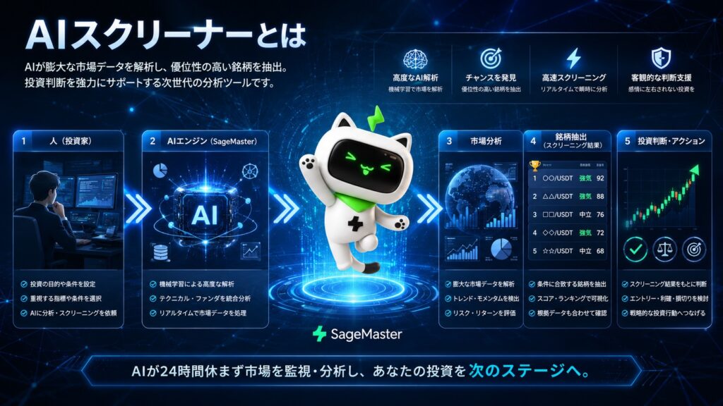 AIスクリーナーの仕組みと市場分析の流れを分かりやすく表現したイメージ。