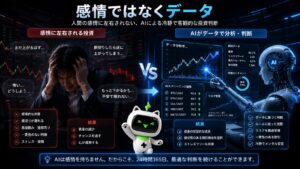 感情による投資判断とAIによるデータ分析を比較したイメージ。