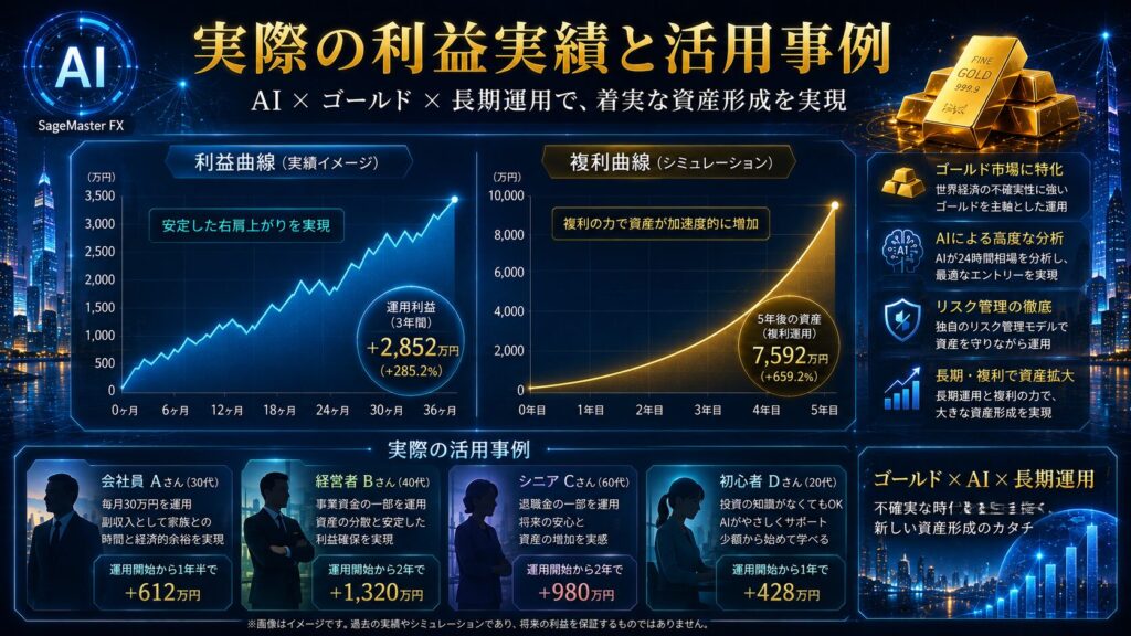 SageMaster FXの利益実績と活用事例を表現したイメージ画像。AIトレードによる相場分析、ゴールド市場での運用、長期投資、複利運用、資金管理を組み合わせ、AI時代の資産形成と資産成長の考え方を分かりやすく解説したビジュアル。