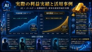 SageMaster FXの利益実績と活用事例を表現したイメージ画像。AIトレードによる相場分析、ゴールド市場での運用、長期投資、複利運用、資金管理を組み合わせ、AI時代の資産形成と資産成長の考え方を分かりやすく解説したビジュアル。