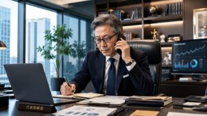 忙しい経営者や個人事業主のための資産形成を表現したイメージ画像。売上、人材、経営戦略など多くの判断を行う男性経営者が、本業に集中しながらSageMaster FXやAIトレードを活用して資産運用を仕組み化する考え方を表現した写真。