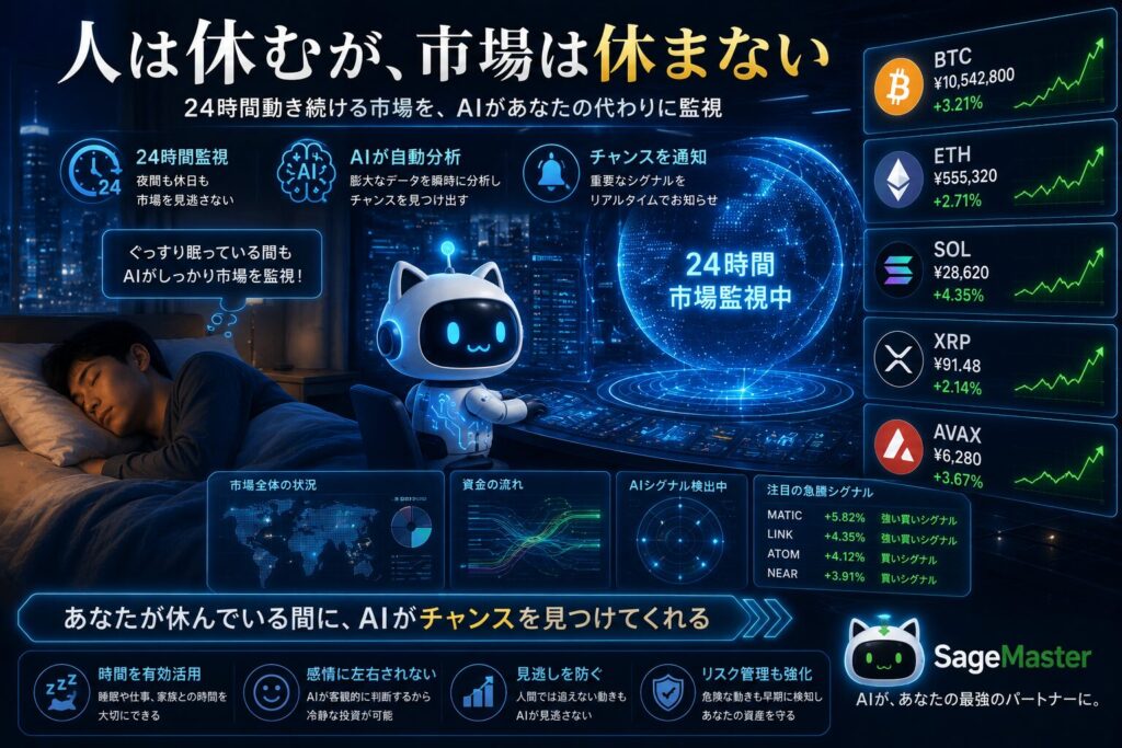 眠っている人の横で、SageMasterマスコットとAIシステムが24時間暗号資産市場を監視している様子を表現したイメージ。ビットコイン(BTC)、イーサリアム(ETH)、ソラナ(SOL)、XRP、AVAXの価格データや市場分析画面が表示され、人が休んでいる間もAIが市場を分析し続ける姿を描いている。