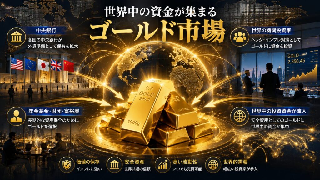 ゴールド市場に世界中の資金が集まる仕組みを解説するイメージ画像。中央銀行の金保有、機関投資家の資金流入、インフレ対策としての金投資を表現し、SageMaster FXによるゴールド取引やAI時代の資産形成の考え方を視覚化した画像。