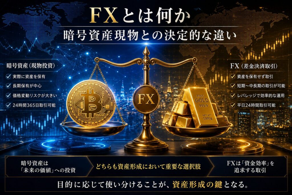 FXと暗号資産現物投資の違いを比較したイメージ。ビットコイン、ゴールド、世界金融市場、レバレッジ取引を視覚化し、SageMaster FXによるAI時代の資産形成と資金運用の考え方を表現した解説画像。