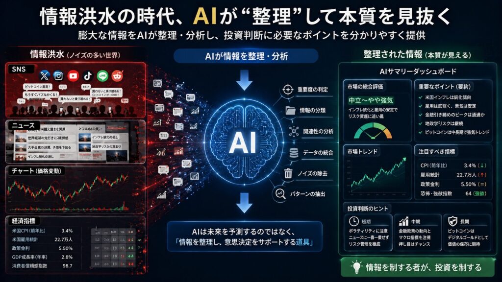 大量の情報をAIが整理しているイメージ