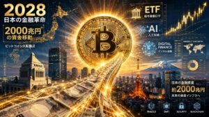 2028年に向けて日本の金融環境が変化し、2000兆円の金融資産とビットコイン市場の関係を表現したイメージ