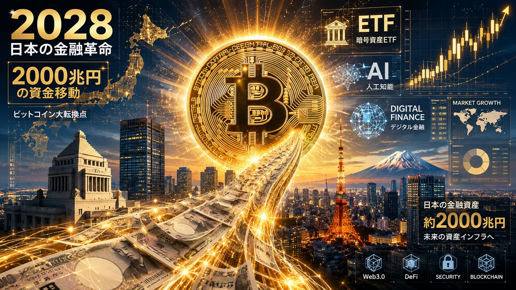 2028年に向けて日本の金融環境が変化し、2000兆円の金融資産とビットコイン市場の関係を表現したイメージ