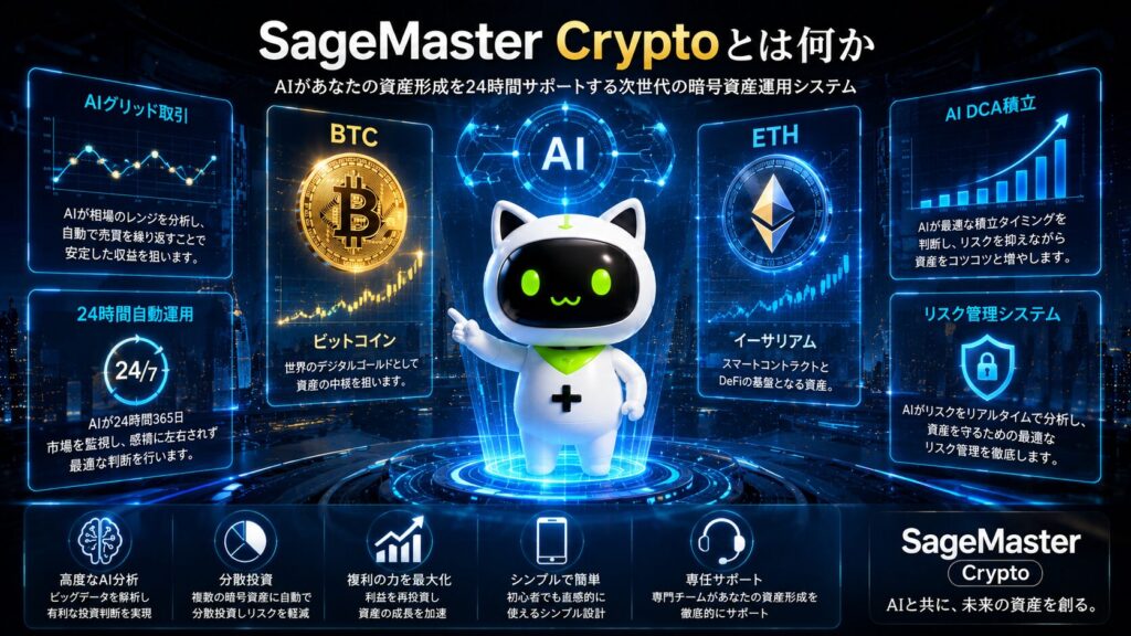 SageMaster Cryptoの主要機能であるAIグリッド、AI DCA、リスク管理、24時間市場監視を表現したイメージ。ビットコイン(BTC)とイーサリアム(ETH)を背景に、AIを活用した暗号資産資産形成の仕組みを視覚的に解説している。