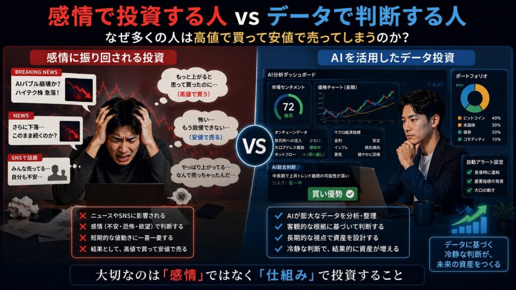 感情で投資する人とデータで判断するAI活用の比較