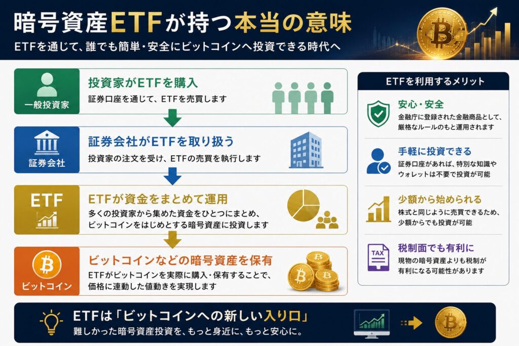 暗号資産ETFの仕組みを解説した図解。一般投資家、証券会社、ETF、ビットコインの関係を示し、暗号資産ETFが市場へ資金を流入させる構造を表現している。