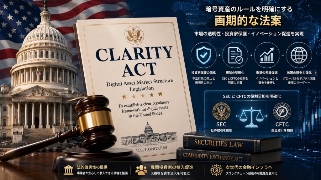 CLARITY法案とは何かを解説する画像。アメリカ議会と法案文書、暗号資産規制のルール整備を表現。