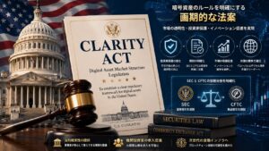 CLARITY法案とは何かを解説する画像。アメリカ議会と法案文書、暗号資産規制のルール整備を表現。