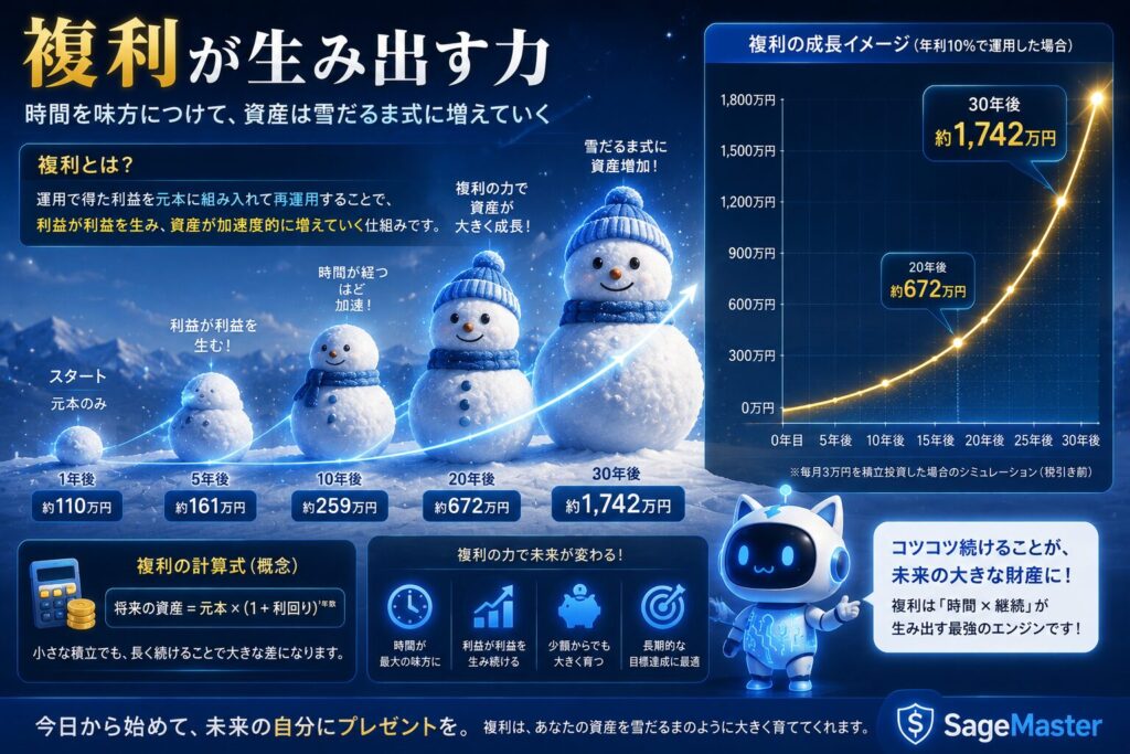 複利による資産形成を表現したイメージ。小さな資産が時間の経過とともに雪だるま式に成長し、積立投資や長期運用によって資産が加速度的に増えていく様子を複利曲線とともに解説している。