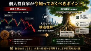 価格予想よりも構造理解が重要であることを表現した画像。長期投資と市場理解の重要性を解説。