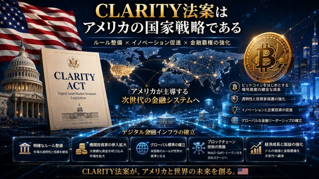 CLARITY法案がアメリカの国家戦略であることを表現した画像。次世代金融インフラと暗号資産市場の未来を解説。