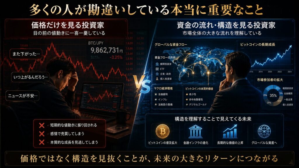 価格だけを見る投資家と資金の流れや市場構造を見る投資家の違いを表現したイメージ。ビットコインや暗号資産市場では資金流入の理解が重要であることを示している。