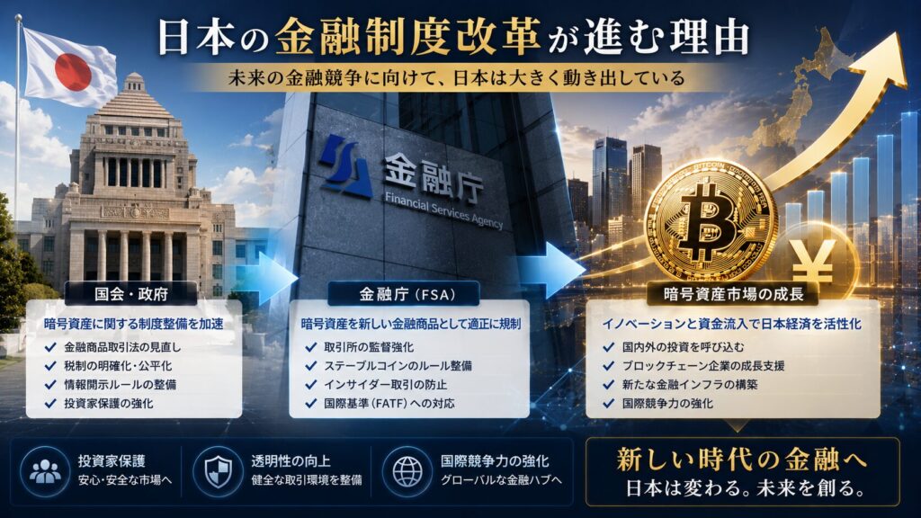 日本の金融制度改革と暗号資産市場のイメージ