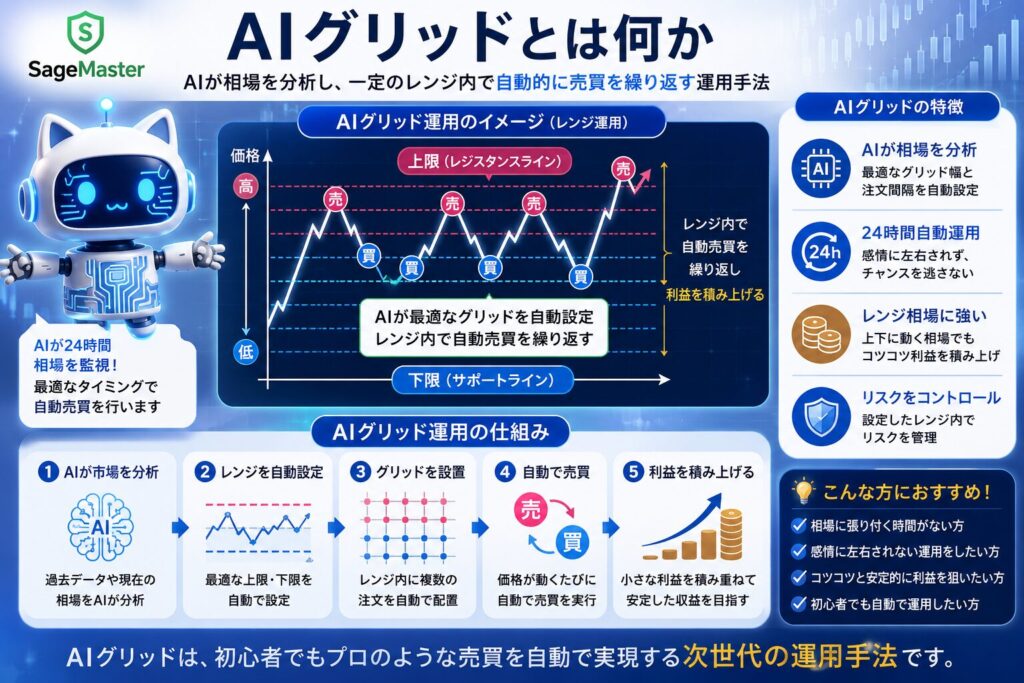 AIグリッド運用の仕組みを解説するイメージ。SageMasterのAIが暗号資産市場を分析し、レンジ相場の中で自動売買を繰り返しながら利益の積み上げを目指す運用方法を視覚的に表現している。