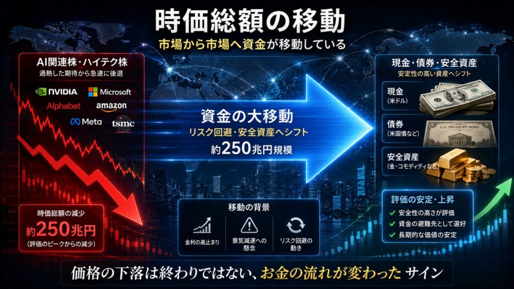 H3
「250兆円が消えたのではなく市場の評価が変わった」
の本文途中
画像案
時価総額の移動を表現したインフォグラフィック
ALT
「市場から市場へ資金が移動する様子を表したイメージ」
構成
・左にAI関連株
・中央に巨大な資金の矢印
・右に現金や債券や安全資産
・赤い下落矢印
・青い資金移動矢印
・世界地図背景
・16:9
