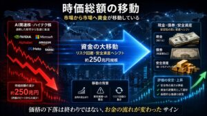 H3 「250兆円が消えたのではなく市場の評価が変わった」 の本文途中 画像案 時価総額の移動を表現したインフォグラフィック ALT 「市場から市場へ資金が移動する様子を表したイメージ」 構成 ・左にAI関連株 ・中央に巨大な資金の矢印 ・右に現金や債券や安全資産 ・赤い下落矢印 ・青い資金移動矢印 ・世界地図背景 ・16:9
