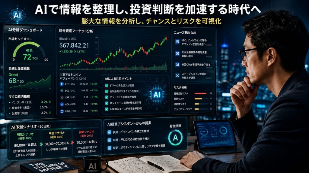 AI活用による情報整理と投資判断のイメージ