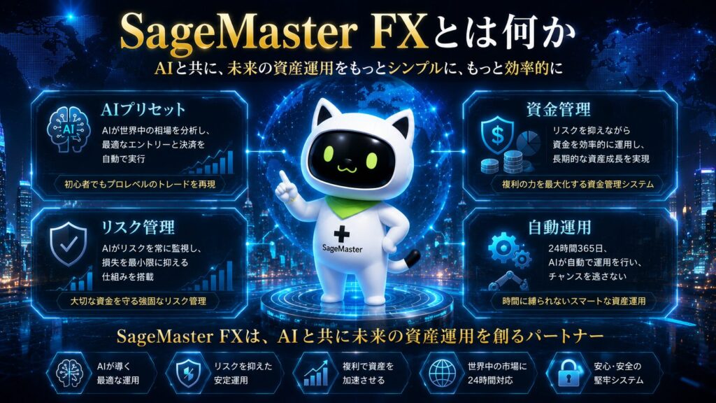 SageMaster FXの仕組みを表現したイメージ画像。AIプリセットによる相場分析、リスク管理、資金管理、自動運用機能を活用し、FX市場で効率的な資産形成を目指すAIトレードシステムを分かりやすく解説したビジュアル。