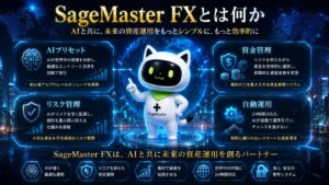 SageMaster FXの仕組みを表現したイメージ画像。AIプリセットによる相場分析、リスク管理、資金管理、自動運用機能を活用し、FX市場で効率的な資産形成を目指すAIトレードシステムを分かりやすく解説したビジュアル。