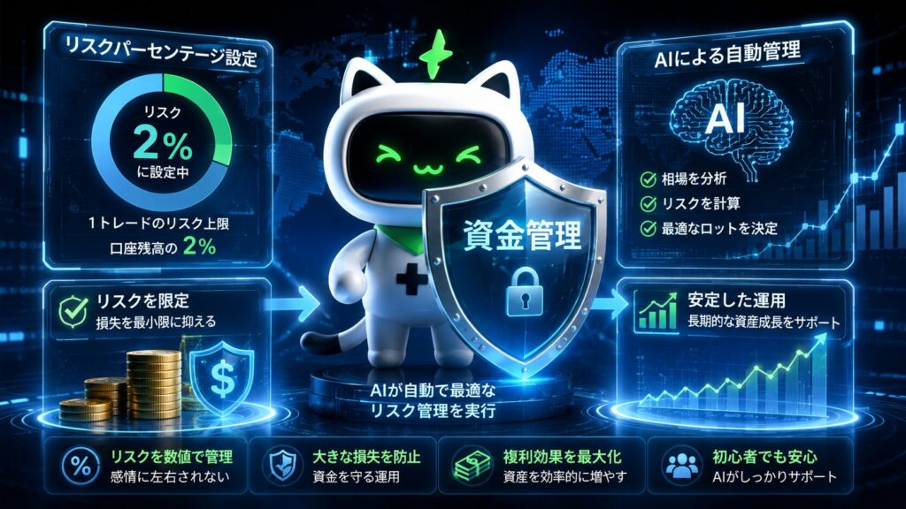 SageMaster FXのリスクパーセンテージ設定機能を解説するイメージ画像。AIによる資金管理、リスク管理、自動運用の仕組みを表現し、FX初心者でも無理のない資産形成を目指せる考え方を視覚化した画像。