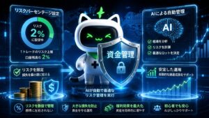 SageMaster FXのリスクパーセンテージ設定機能を解説するイメージ画像。AIによる資金管理、リスク管理、自動運用の仕組みを表現し、FX初心者でも無理のない資産形成を目指せる考え方を視覚化した画像。