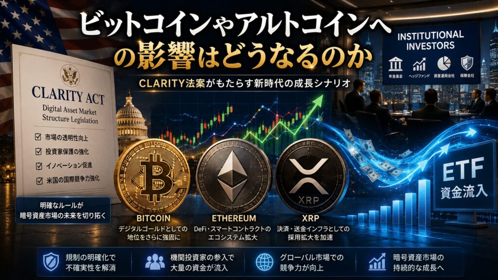 CLARITY法案がビットコインやイーサリアム、XRPへ与える影響を表現した画像。暗号資産市場の将来性を解説。