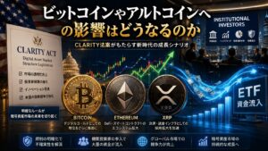 CLARITY法案がビットコインやイーサリアム、XRPへ与える影響を表現した画像。暗号資産市場の将来性を解説。