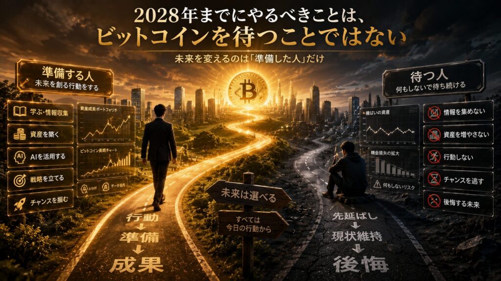 2028年のビットコイン市場に向けて準備する人と待つだけの人の違いを表現したイメージ。暗号資産、AI活用、資産形成における行動の重要性を象徴している。