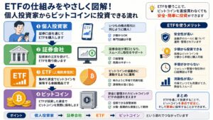 個人投資家とETFとビットコインをつなぐ仕組み図