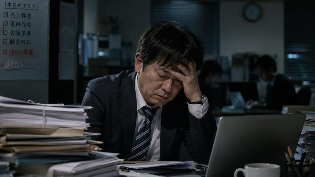 忙しい会社員の資産形成課題を表現したイメージ画像。残業や仕事に追われる40代ビジネスマンが時間不足に悩む様子を描き、本業を優先しながらSageMaster FXやAIトレードを活用して将来の資産形成を目指す考え方を表現した写真。