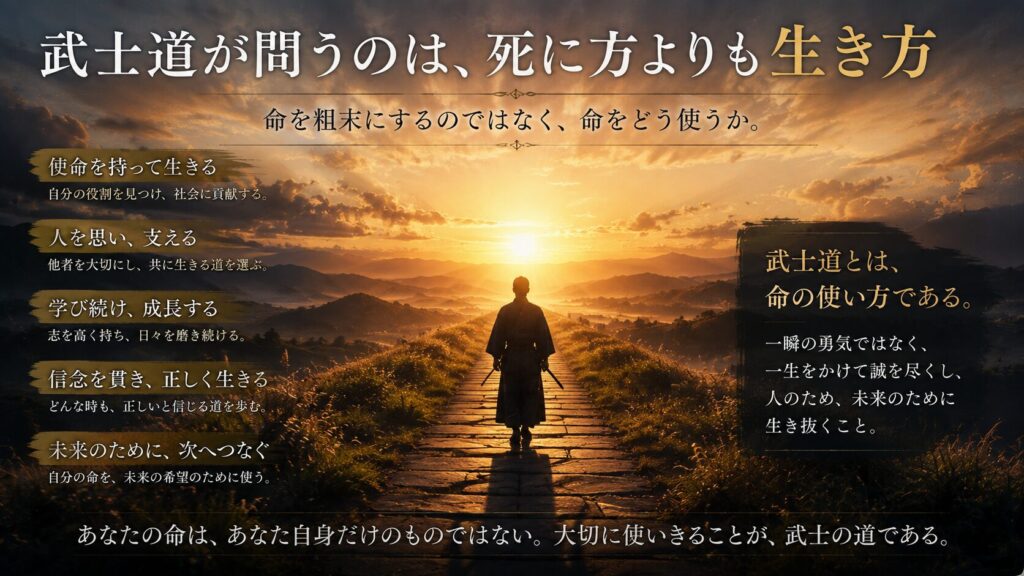 武士道とは命を粗末にする思想ではなく、生き方を問う精神であることを象徴した16:9イメージ。朝日に向かって一本道を歩く人物のシルエットを通して、命の使い方、使命、責任、人格、武士道精神を表現した画像。