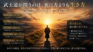 武士道とは命を粗末にする思想ではなく、生き方を問う精神であることを象徴した16:9イメージ。朝日に向かって一本道を歩く人物のシルエットを通して、命の使い方、使命、責任、人格、武士道精神を表現した画像。
