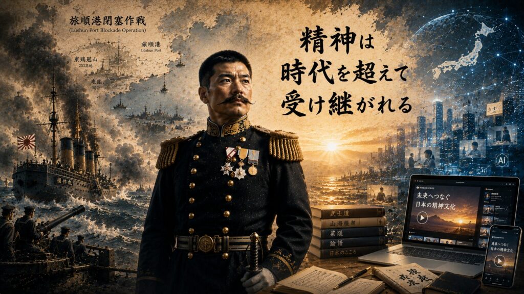 広瀬武夫中佐と旅順港閉塞作戦の歴史、書籍やインターネットを象徴する現代の情報発信を組み合わせた16:9イメージ。日本の精神文化と武士道精神を未来へ受け継ぐことを表現した画像。
