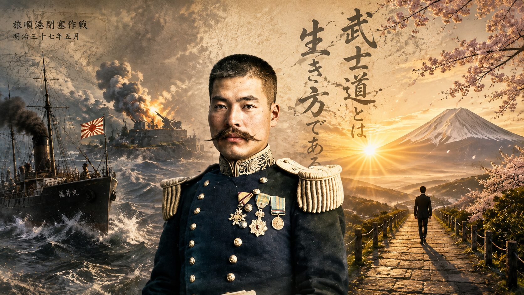 広瀬武夫中佐の肖像、旅順港閉塞作戦の福井丸と戦場、朝日に照らされる富士山、未来へ続く一本道を描いた16:9イメージ。広瀬武夫中佐が残した武士道精神と責任、誠実さ、日本の精神文化を未来へ受け継ぐことを象徴したアイキャッチ画像。
