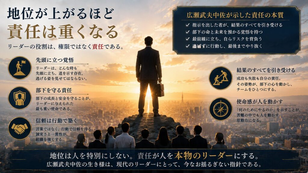 地位が上がるほど責任は重くなるというリーダーシップをテーマに、組織を率いる人物とチームを描いた16:9インフォグラフィック。広瀬武夫中佐の責任感を現代のリーダー論へ結び付け、信頼、責任、使命、組織運営の本質を解説した画像。