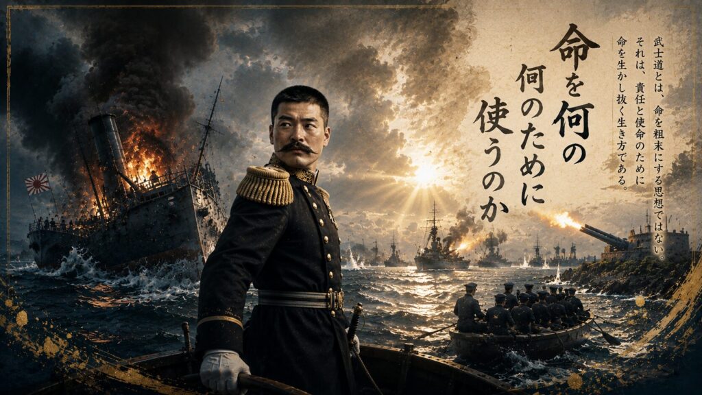 部下を救うため沈みゆく福井丸へ戻ろうとする広瀬武夫中佐と、炎上する軍艦、旅順港の戦場、一筋の光を描いた16:9イメージ。武士道とは命を粗末にする思想ではなく、責任と使命のために命を生かす精神であることを表現した画像。