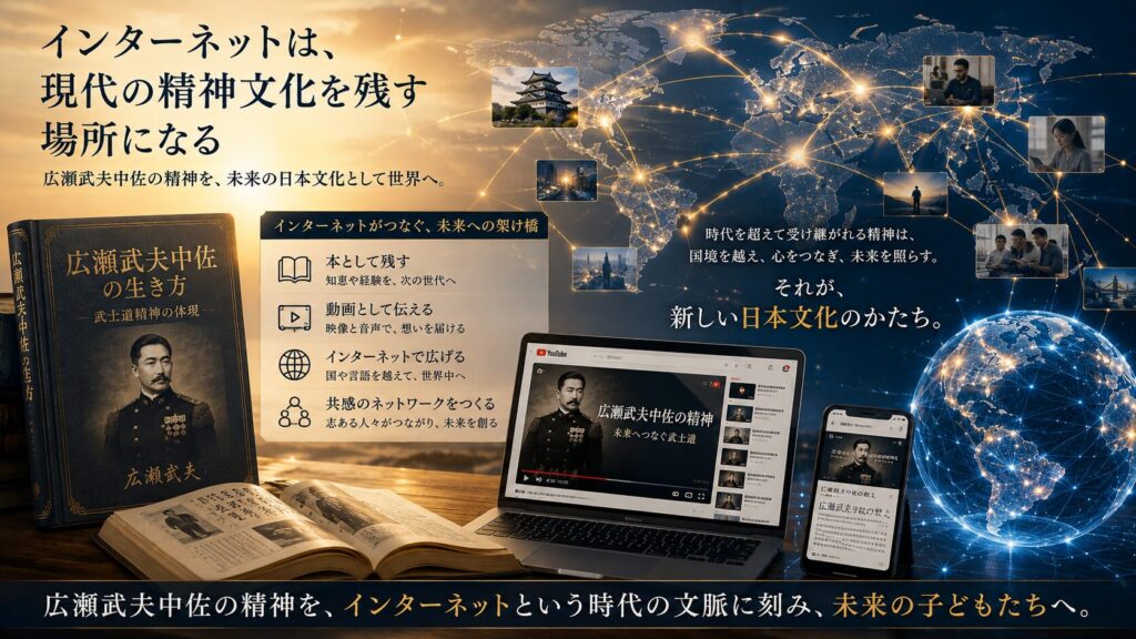 広瀬武夫中佐の精神を未来へ受け継ぐことをテーマに、本・動画・インターネット・世界へ広がるデジタルネットワークを組み合わせた16:9イメージ。武士道精神と日本の精神文化を情報発信を通じて次世代と世界へ伝えることを表現した画像。